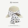 Chapéu de Palha Francês Retro Elegante Hepburn Polka Dot Bow Shade Chapéu Mulheres Verão À Beira-Mar Praia Proteção Solar Bacia Chapéu