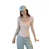 Estilo BM puramente deseable y suave con almohadillas en el pecho, camiseta de manga corta tipo dos piezas falsas para mujer, crop top de verano dulce y picante con cuello halter y corbata, corte ajustado