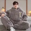 Pijama de Coral para Hombre Invierno Forrado de Felpa Espesor Otoño e Invierno Día Tres Capas Acolchado Ropa de Casa para Adolescentes