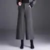 Calças elegantes de lã de perna larga para mulheres, novo estilo outono/inverno 2026, corte solto, emagrecedor, casual, cintura alta, com caimento, calças de perna reta