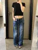 Jeans largo estilo retrô americano azul escuro plus size para mulheres, início do outono de 2026, cintura baixa, afunilado, perna reta, comprimento total