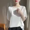 Nova Camiseta de Cetim Sedoso com Gola Redonda de Manga Curta para Primavera e Verão Feminina Cor Pura Solta Pulôver Elegante Camisa Básica Roupas Femininas Atacado