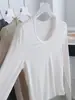 Camiseta de punto para mujer de manga larga, suave y flexible, de lana Lyocell Tencel, fina, de cuello en U, corte ajustado, para otoño