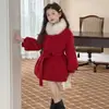 Casaco de Lã de Algodão de Inverno para Meninas, Roupa Infantil, Casaco Elegante de Comprimento Médio com Gola de Pelo, Cintado para Crianças, Roupa de Ano Novo