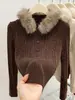 Nuevo suéter de punto versátil y elegante para otoño con cuello de pelo desmontable y diseño de punto trenzado adelgazante A14164