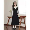 Vestido de línea A para mujer, estilo Hepburn, para primavera y otoño, transfronterizo, con sensación de lujo ligero y alta gama, diseño falso de dos piezas, entallado en la cintura, vestido largo con bloques de color