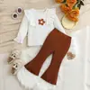 Conjunto de Dos Piezas para Niña: Blusa Dulce con Volantes de Manga Larga y Pantalones de Campana Set de Ropa de Primavera y Otoño para Bebé de Punto Canalé