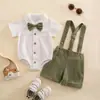 Conjunto de Overol de Manga Corta de Algodón Lino Color Sólido para Niños Verano Bebé Niño Pequeño Caballero Elegante Conjunto de Dos Piezas Dropshipping