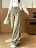 Pantalones Vaqueros Jacquard Cruzados Retro Americanos Desgastados para Mujer Otoño Nuevos Tallas Grandes Cintura Alta Sueltos Adelgazantes Pierna Ancha