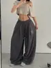 Calça larga estilo retro americano para mulheres, adequada para primavera e outono, com cordão, tecido fluido, estilo casual, corte solto, perfeita para dança de jazz, e design de comprimento total