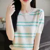 Camiseta de Manga Corta a Rayas para Mujer Verano 2025 Nueva Moda Cuello Redondo Crochet Tejido Hueco Manga Media Superior Delgado