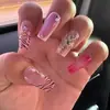 Moda Europeia e Americana Estilo Exportação Manicure Usável 24 Peças Rosa Linha Francesa Unhas Postiças Esculpidas em 3D com Diamantes Produto Acabado