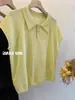 Polo Cinza Manga Curta Voadora Tricotado Seda Gelo Manga Curta Camiseta Feminina Verão Estilo Preguiçoso Elegante Solto Curto