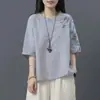 Blusas de Algodón y Lino para Mujer, Bordado Delgado de Estilo Étnico de Verano, Talla Grande Sueltas Artísticas Retro Traje Estilo Chino Camisas para Mujer