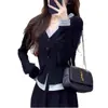Tricô Spliced Falso Duas Peças de Manga Longa para Mulheres 2025 Nova Coleção Primavera & Outono Slim Ajustado Ombro Direito Base Top