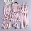 Pijama Sexy para Mujer Primavera y Otoño Delgado Seda de Hielo Tirantes Camisón Camisón Camisón Conjunto de Cinco Piezas con Almohadilla en el Pecho Ropa Exterior
