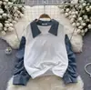 Blusa feminina estilo coreano solta, falsa de duas peças, outono novo, casual, versátil, plissada, costura jeans, suéter listrado
