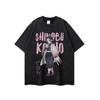 Camiseta de manga curta original japonesa com estampa de desenho animado, lavada pesada e desgastada, masculina e feminina, camiseta retrô preguiçosa de meia manga