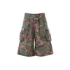 Shorts de Trabajo de Mezclilla Lavada Estilo Americano con Estampado de Rosas Camufladas para Hombres y Mujeres, Shorts Casuales Sueltos de Pierna Ancha Estilo Retro