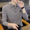 Camisa Polo de Primavera y Otoño para Hombre con Solapa, Camiseta de Manga Larga, Camisa Básica, Slim, Moderna, Casual, a Rayas, Bordada, Top
