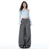 Calça de linho casual estilo terno, modelagem solta, perna curva, coleção primavera/outono 2026, calça versátil de perna larga, comprimento até o chão, calça longa cinza, comprimento estendido cinza
