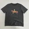 Camiseta Curta com Manga Curta e Estampa de Pônei Estilo Desenho Animado para Mulheres em Preto e Cinza, Top Versátil Casual Juvenil para Primavera
