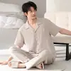 Pijama de Gaze de Algodão Puro para Homens, Verão Manga Curta Calça Longa, Cardigã com Lapela, Conjunto de Duas Peças para Casa Masculino Transfronteiriço para Transmissão ao Vivo