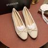 Zapatos Planos de Cuero Genuino con Puntada de Lazo de Hong Kong Estilo Pequeño y Fragante para Mujer Primavera y Otoño Nuevos Planos de Punta Redonda Boca Baja Zapatos de Ballet