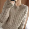 Suéter Verde com Gola V e Textura 2026 para Mulheres, Estilo Casual, Novo Pulôver de Manga Longa Outono/Inverno, Top Curto de Tricô