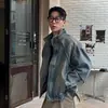 Jaqueta jeans desconstruída de peso pesado para homens, estilosa e moderna, jaqueta com zíper e gola alta retro americana