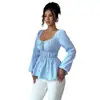Blusa Feminina Estilo Europeu e Americano Azul Claro Gola Quadrada Outono e Inverno Nova com Cordão Ajustável Slim-Fit Manga Longa Curta com Design de Barra Franzida