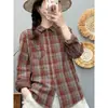 Camisa de Cuadros de Gasa de Doble Capa Teñida en Hilo Estilo Primavera y Otoño para Mujer, de Manga Larga, Holgada, Versátil, Top Casual para Poner en Capas