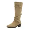 Botas largas retro para mujer, con hebilla de cinturón, tacón grueso y diseño plisado fruncido.. Nueva colección otoño/invierno 2026, botas hasta la rodilla
