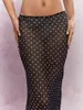 Saia Longa de Renda Pura com Estampa de Bolinhas e Tecido Mesh Transparente, com Toque de Luxo Leve, Acabamento em Renda, Fenda Sexy, Meia-Saia Estilo Férias