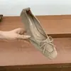 Zapatos de ballet retro de gamuza con punta cuadrada y tacón alto para mujer, slip-ons con lazo estilo hada, versátiles para ir al trabajo, zapatos de salón de corte bajo para mujer