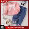 Especial Transfronterizo de Amazon para Otoño e Invierno Nuevo y Caliente Traje de Pantalón para Niñas Top de Manga Larga con Lazo Pantalones de Mezclilla