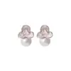 Pendientes de Botón Florales de Estilo Coreano de Aguja Plateada de Alta Gama, Pendientes de Perlas Exquisitos de Lujo Ligero y Ultra-Hada, Accesorios de Oreja de Pétalos con Goteo de Aceite a la Moda