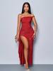 Vestido Feminino Amazon Transfronteiriço com Alças Assimétricas, Fenda Lateral Alta, Decoração de Babados e Glitter