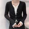 Cardigan de Tricô Falso Duas Peças de Alta Qualidade 2026 Outono Novo Slim Fit Gola V Patchwork Casaco Suéter para Mulheres