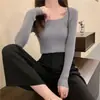 Camisa base feminina OEM gola quadrada, novo estilo outono/inverno 2026, justa ao corpo, alta qualidade, suéter de tricô com forro de fleece e gola baixa