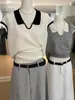 Top de Punto con Cuello en Contraste para Mujer Verano Manga Corta Delgado Holgado Estilo Francés Elegante Camisa Polo Combinación de Colores Sencilla Camiseta