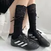 Calcetines JK de estilo japonés Pure Desire Mary Jane hasta la mitad de la pantorrilla con ribete de encaje y lazo, Calcetines blancos patchwork para mujer en primavera y verano