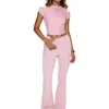 Conjunto de yoga rosa acampanado para mujer, conjunto de dos piezas de fitness de verano ajustado de manga corta de cintura alta, transpirable y agradable para la piel