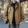 Jaqueta retrô marrom americana para homens, primavera e outono, jaqueta de alta qualidade Maillard com efeito de duas peças, gola lapela, jaqueta bomber curta