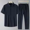 Nova Camisa de Seda Gelada de Manga Curta Estilo Verão para Homens, Camisa Sem Costura para Meia-Idade e Idosos, Conjunto de Duas Peças de Seda Gelada de Manga Curta para o Pai