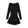 Ropa de Mujer al por Mayor Transfronteriza Estilo Europeo y Americano Suéter Decorativo de Capas de Manga Larga Vestido Mini de Color Sólido con Cuello Barco Estilo Vacacional