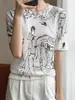 Directamente del fabricante: Camiseta de Punto Fino con Graffiti de Manga Corta para Mujer, Versátil, de Personalidad, para Primavera/Verano, Tejido de Diseño Sencillo