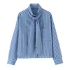 Ropa de mujer transfronteriza 2026 Moda europea y americana casual holgada camisa de manga larga a rayas con detalle de corbata de lazo E26864