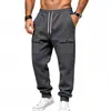 Calça de moletom de trabalho masculina para outono e inverno, com forro de fleece, cordão na cintura, botões de pressão, bolsos grandes, corte solto e punhos nas barras, para esportes casuais.