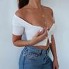 Top corto con escote en V, botonadura sencilla y hombros descubiertos, estilo europeo y americano, sexy, ajustado, para chica sexy, negro, combinable.